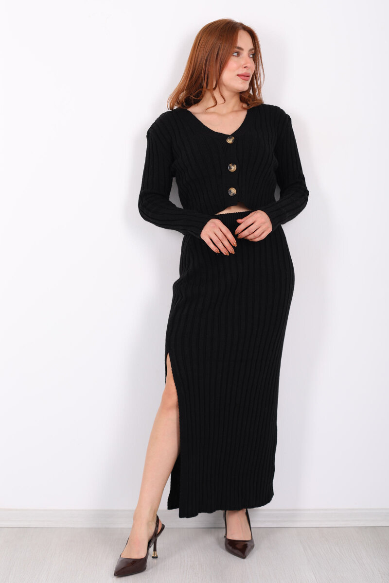 Fitilli Siyah Kadın Üçlü Triko Etek Takım (Crop - Hırka - Etek) - 7