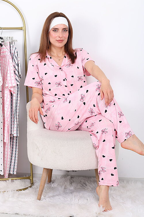 Fiyonk Desenli Düğmeli Pembe Kadın Pijama Takımı 