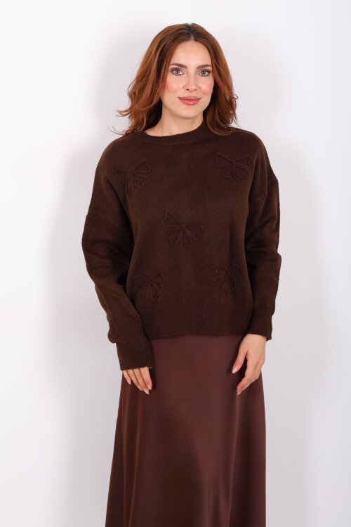 Fiyonk Nakışlı Kahverengi Kadın Triko Kazak - 5