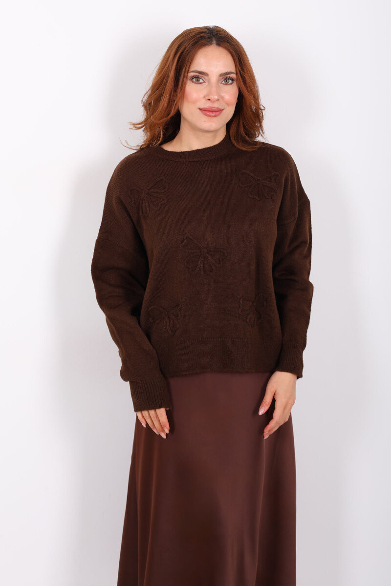 Fiyonk Nakışlı Kahverengi Kadın Triko Kazak - 5