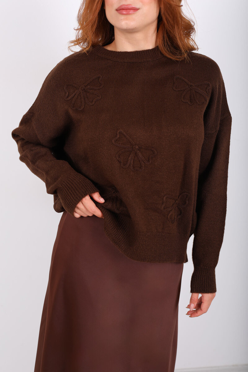 Fiyonk Nakışlı Kahverengi Kadın Triko Kazak - 2