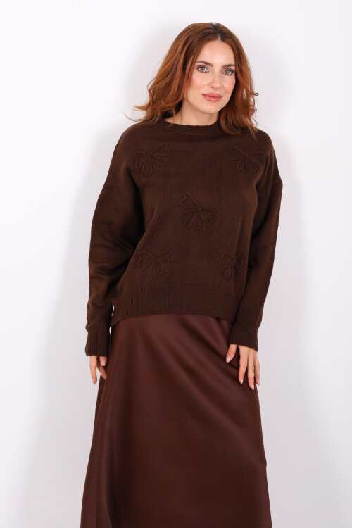 Fiyonk Nakışlı Kahverengi Kadın Triko Kazak - 3