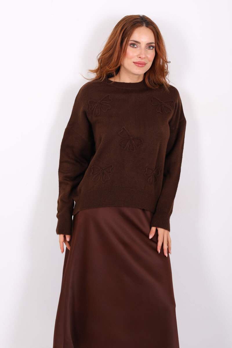 Fiyonk Nakışlı Kahverengi Kadın Triko Kazak - 3