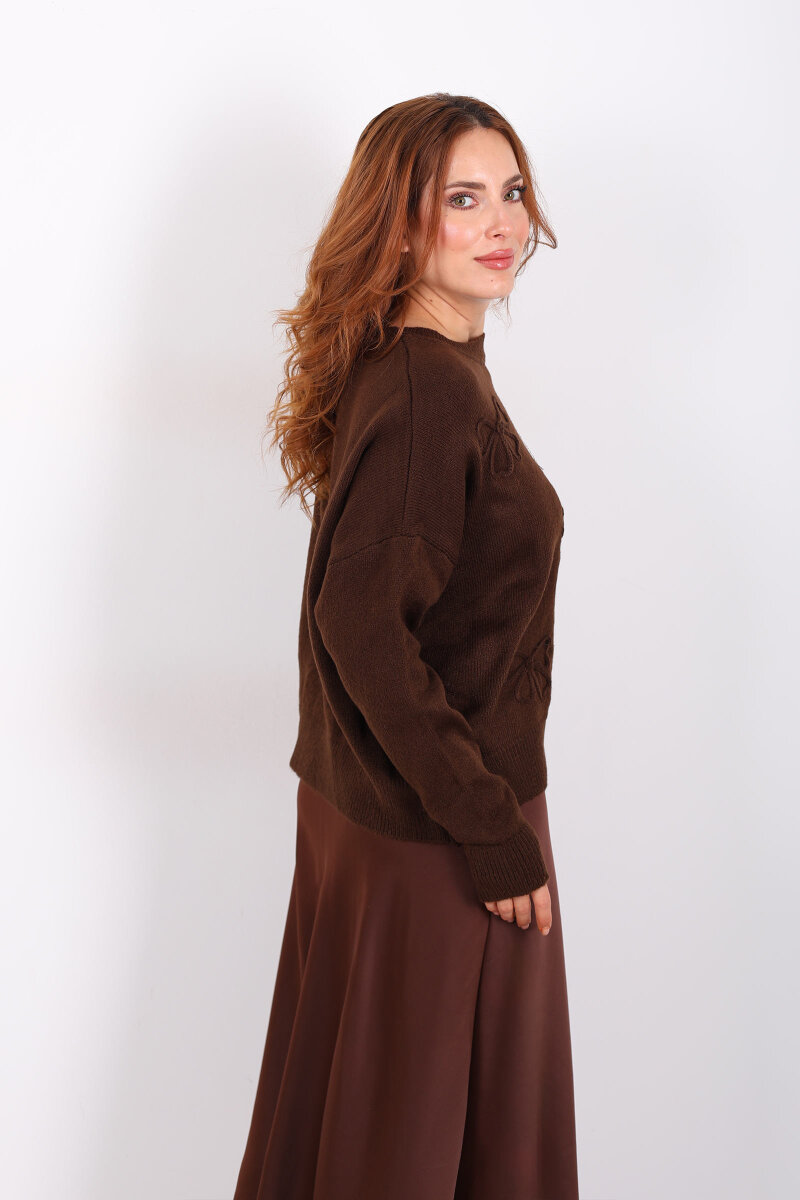 Fiyonk Nakışlı Kahverengi Kadın Triko Kazak - 4