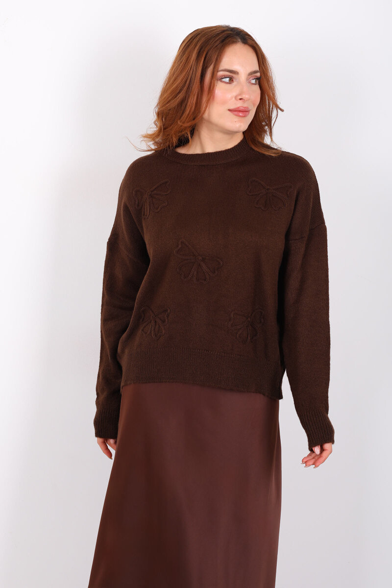 Fiyonk Nakışlı Kahverengi Kadın Triko Kazak - 1