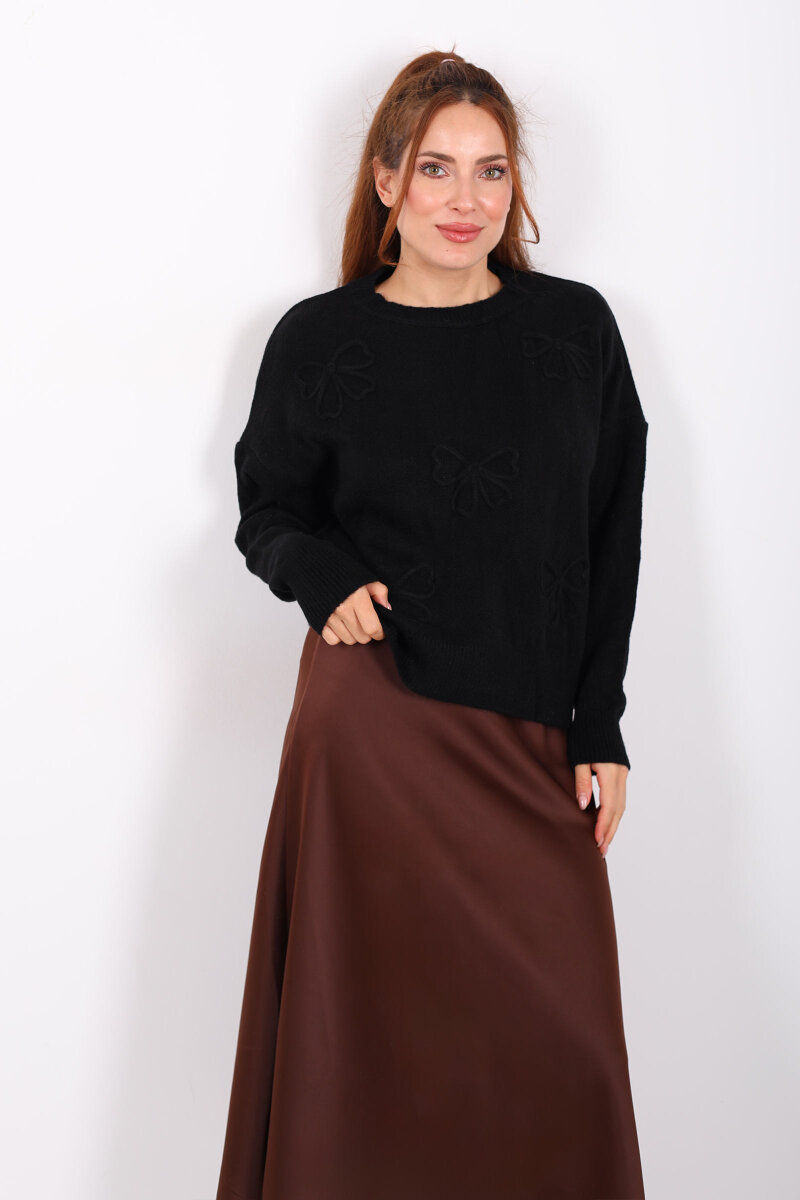 Fiyonk Nakışlı Siyah Kadın Triko Kazak - 1