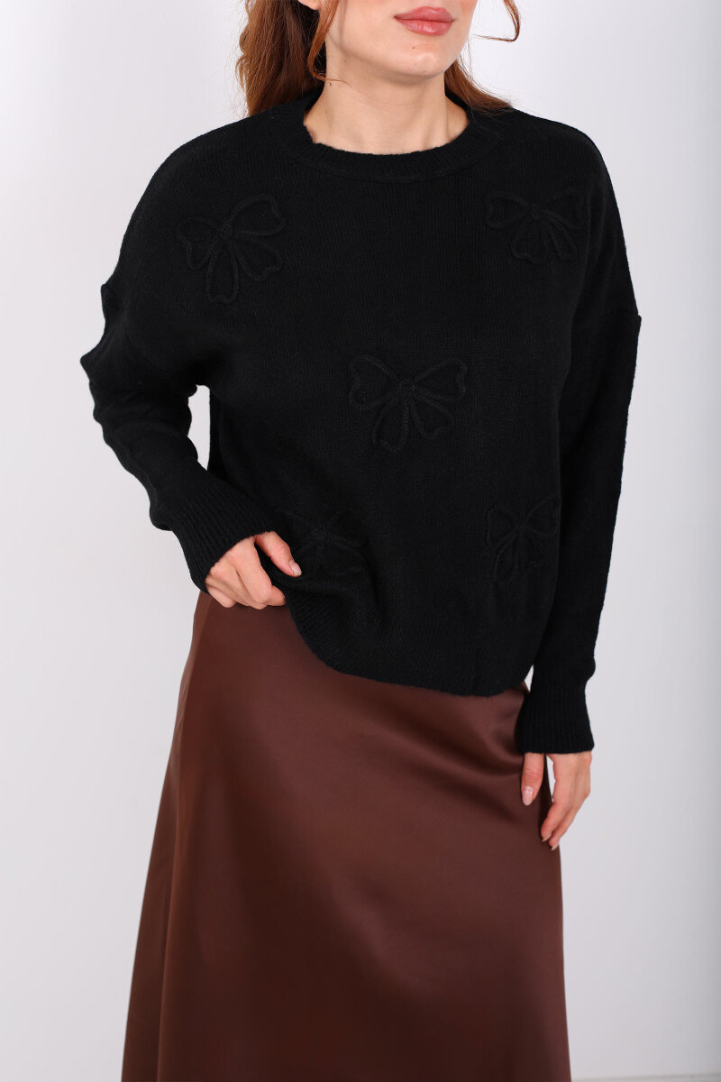 Fiyonk Nakışlı Siyah Kadın Triko Kazak - 2