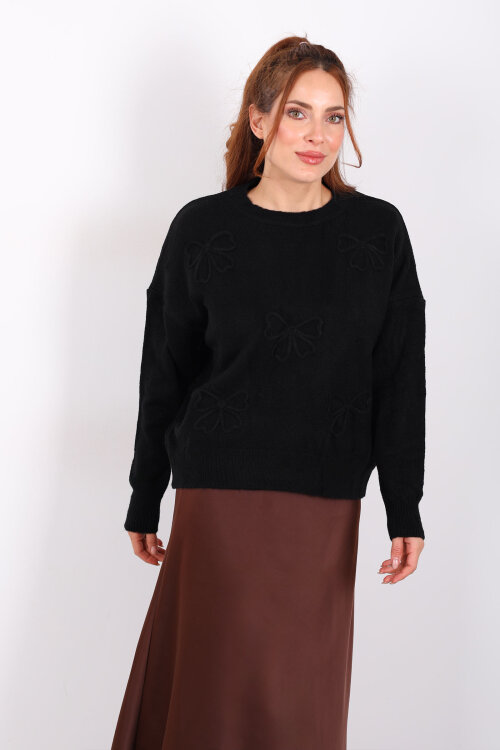 Fiyonk Nakışlı Siyah Kadın Triko Kazak - 6