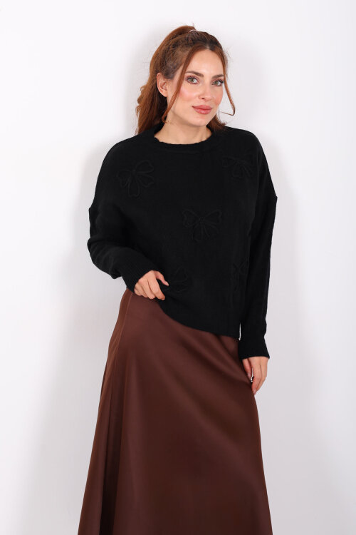 Fiyonk Nakışlı Siyah Kadın Triko Kazak - 4