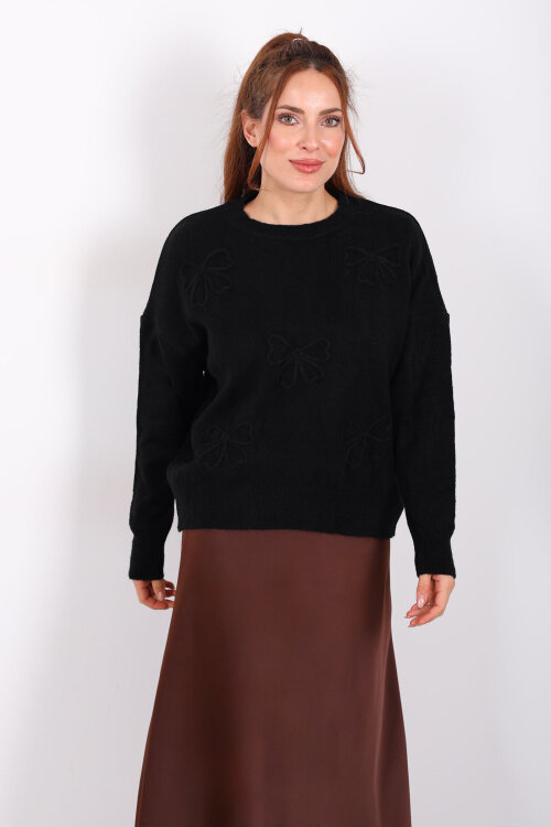 Fiyonk Nakışlı Siyah Kadın Triko Kazak - 3