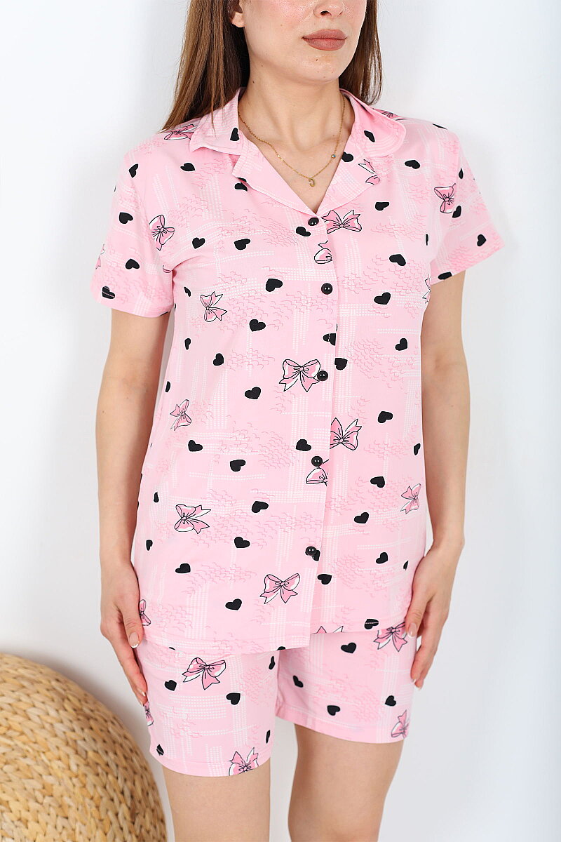 Fiyonk ve Kalp Desenli Düğmeli Pembe Kadın Şortlu Pijama Takımı - 2
