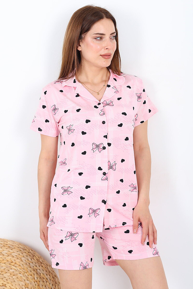 Fiyonk ve Kalp Desenli Düğmeli Pembe Kadın Şortlu Pijama Takımı - 1
