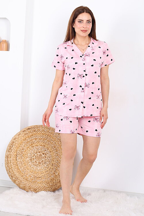 Fiyonk ve Kalp Desenli Düğmeli Pembe Kadın Şortlu Pijama Takımı - 6