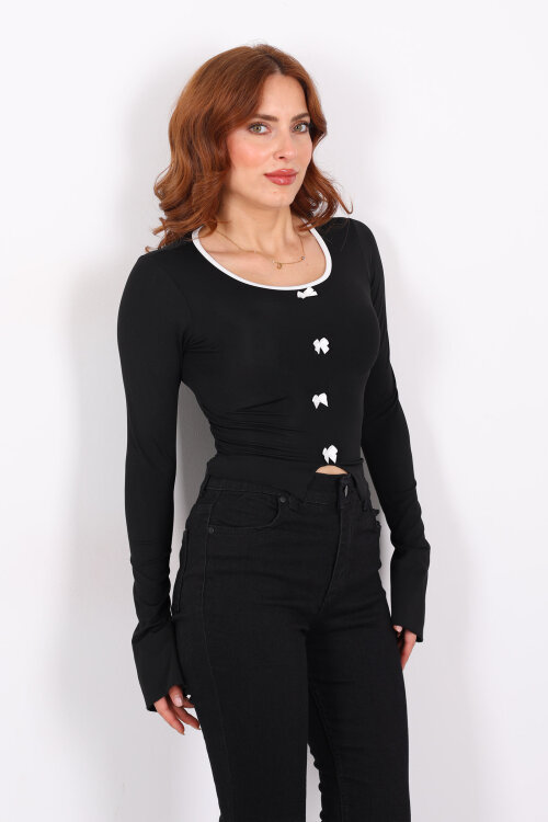 Fiyonklu Biyeli Kolları Yırtmaçlı Siyah Kadın Bluz - 4