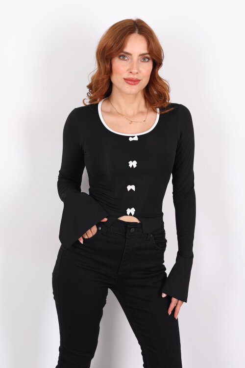 Fiyonklu Biyeli Kolları Yırtmaçlı Siyah Kadın Bluz - 3