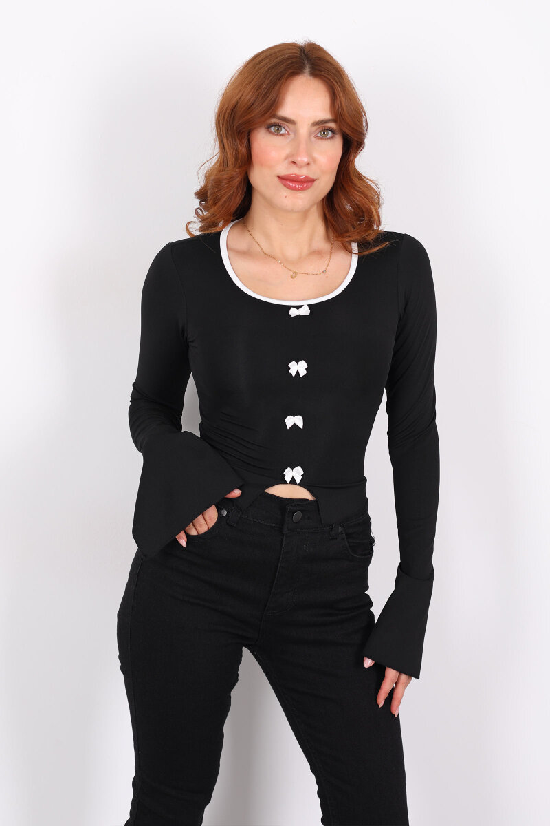 Fiyonklu Biyeli Kolları Yırtmaçlı Siyah Kadın Bluz - 3