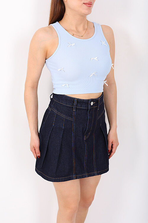 Fiyonklu Kalın Askılı Fitilli Bebe Mavi Kadın Crop Bluz - Berox (1)