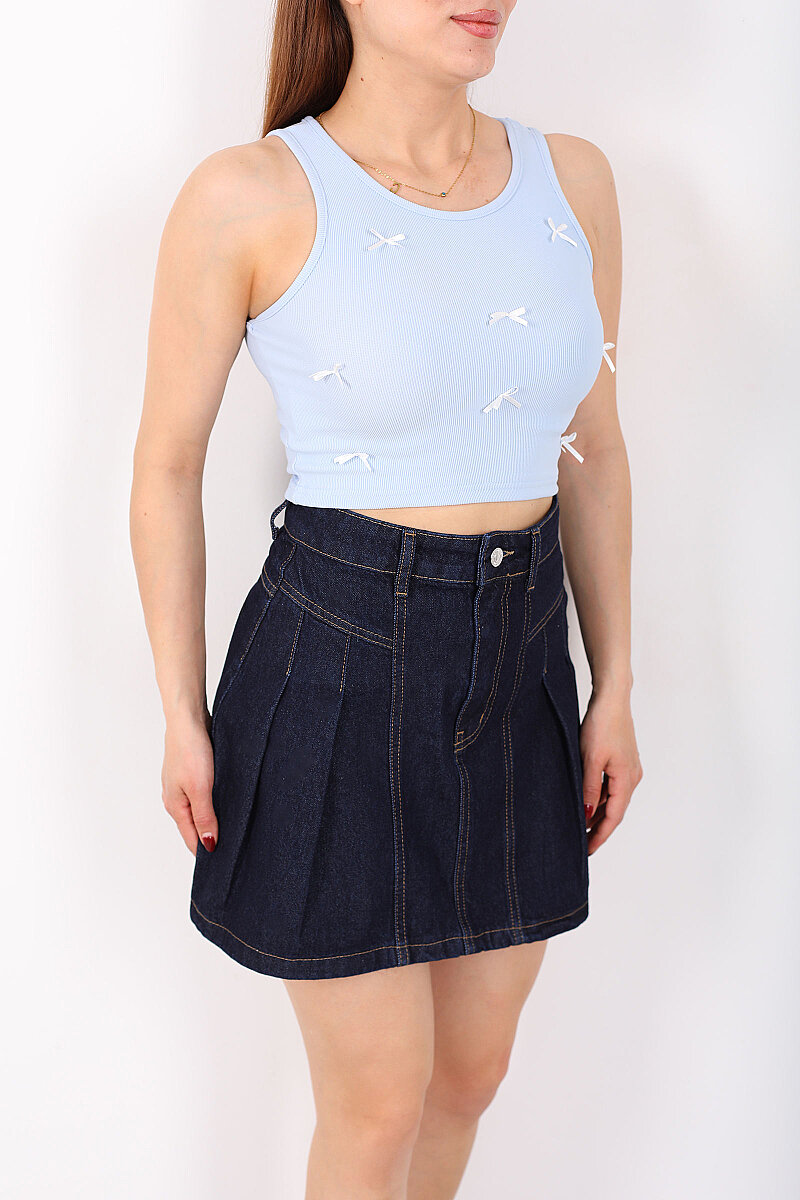 Fiyonklu Kalın Askılı Fitilli Bebe Mavi Kadın Crop Bluz - 2