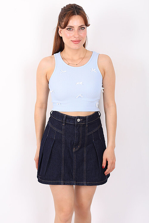 Fiyonklu Kalın Askılı Fitilli Bebe Mavi Kadın Crop Bluz - 3