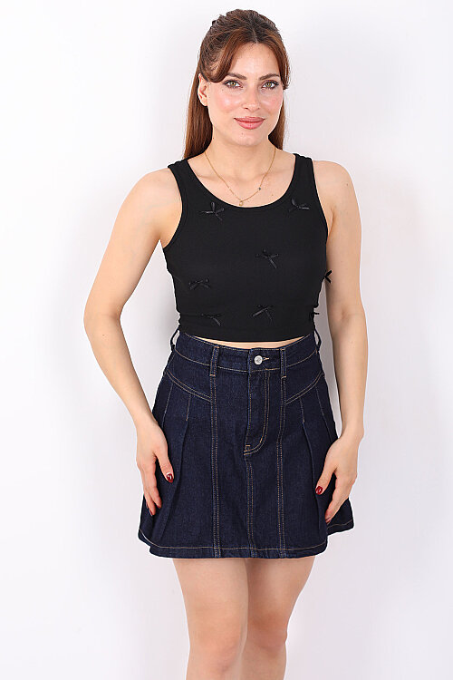 Fiyonklu Kalın Askılı Fitilli Siyah Kadın Crop Bluz - Berox