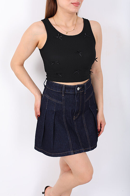 Fiyonklu Kalın Askılı Fitilli Siyah Kadın Crop Bluz - Berox (1)