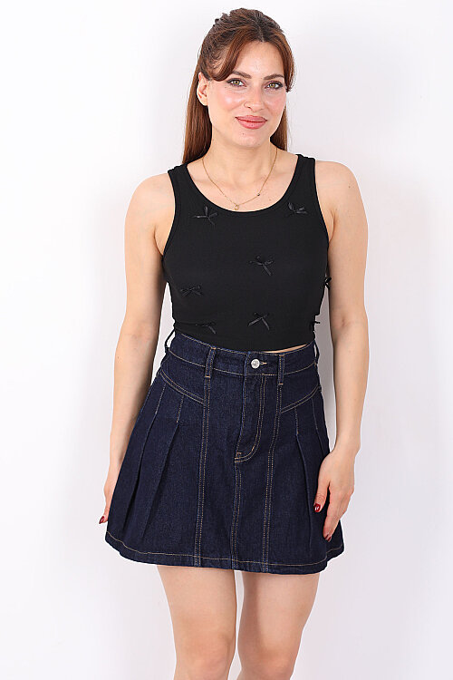 Fiyonklu Kalın Askılı Fitilli Siyah Kadın Crop Bluz - 5