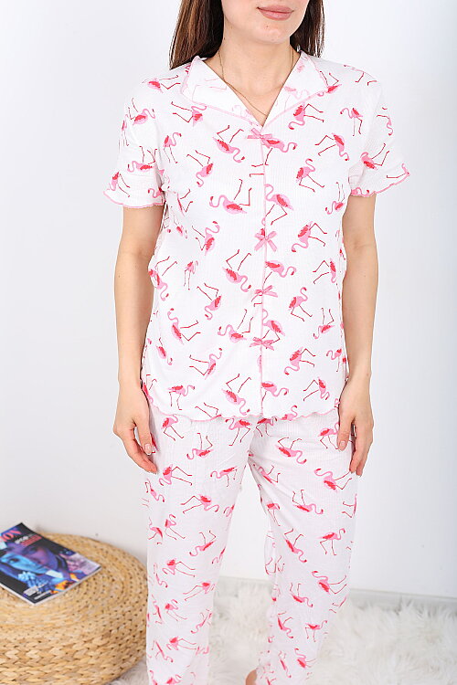 Flamingo Desenli Fiyonklu Pembe Kadın Pijama Takımı - Berox (1)