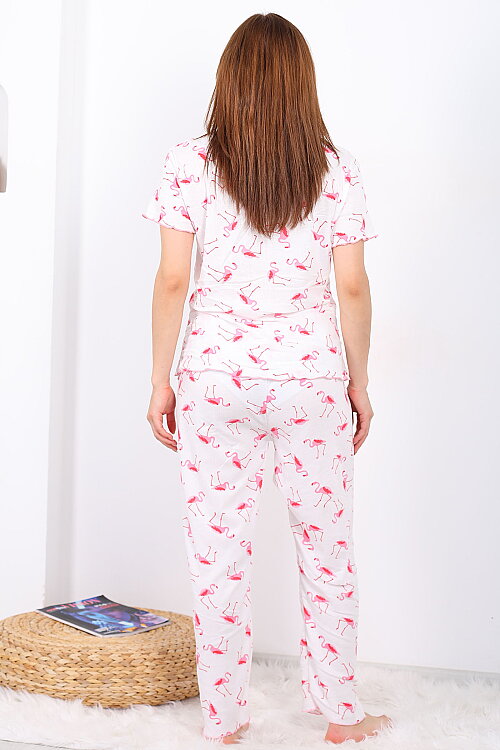 Flamingo Desenli Fiyonklu Pembe Kadın Pijama Takımı - 5