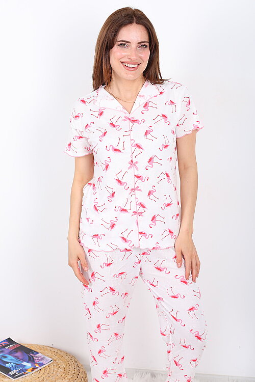 Flamingo Desenli Fiyonklu Pembe Kadın Pijama Takımı - 6