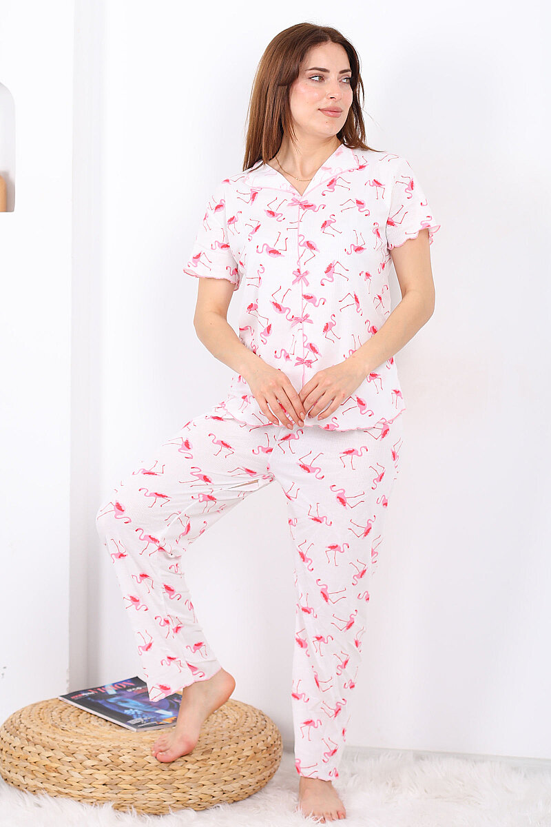 Flamingo Desenli Fiyonklu Pembe Kadın Pijama Takımı - 1