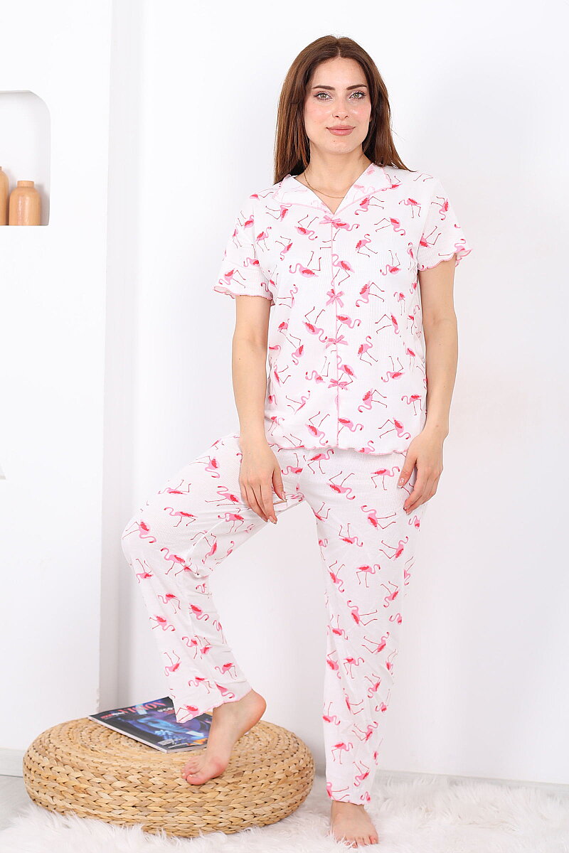 Flamingo Desenli Fiyonklu Pembe Kadın Pijama Takımı - 4