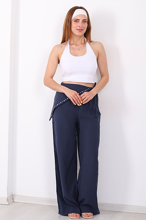 Fular Detaylı Cepli Lacivert Kadın Bol Paça Pantolon - 5