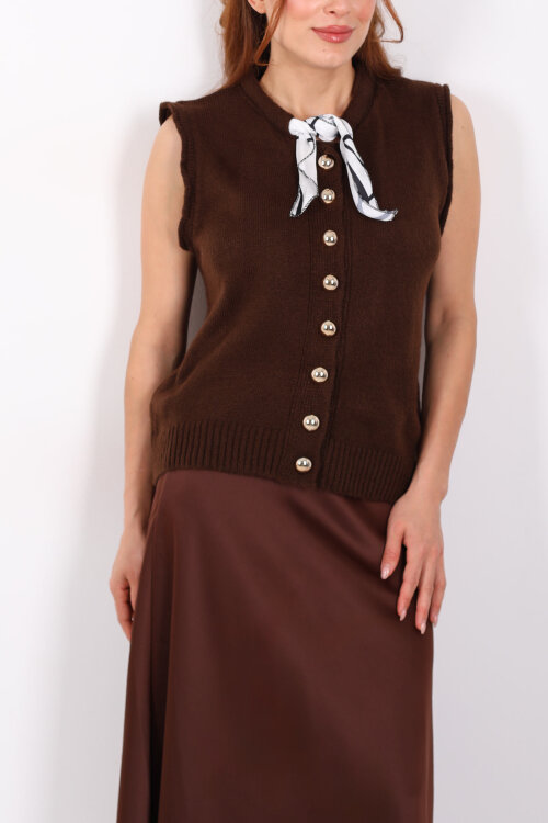 Fularlı Düğmeli Kahverengi Kadın Triko Yelek - Berox (1)