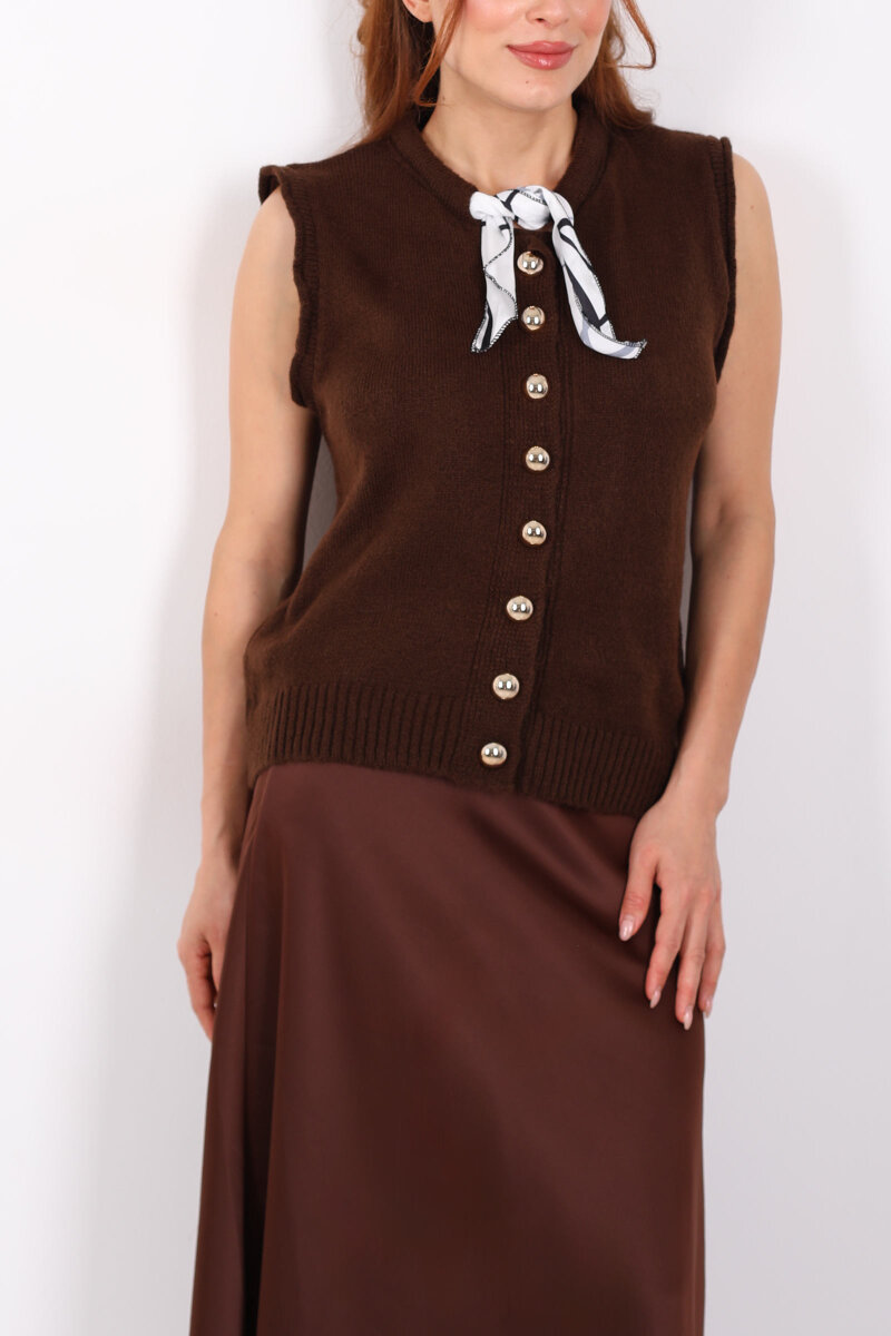 Fularlı Düğmeli Kahverengi Kadın Triko Yelek - 2