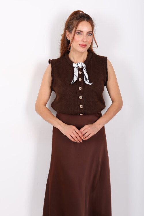 Fularlı Düğmeli Kahverengi Kadın Triko Yelek - Berox