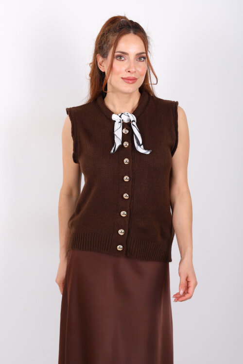Fularlı Düğmeli Kahverengi Kadın Triko Yelek - 4