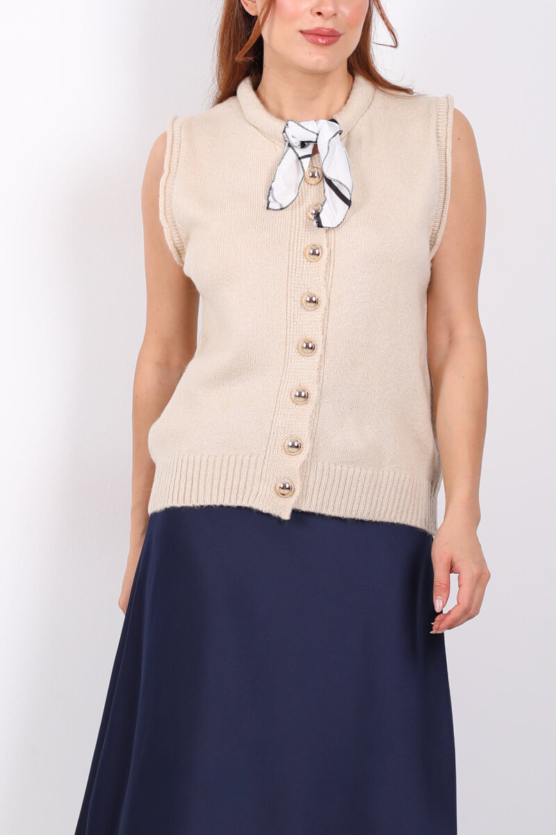 Fularlı Düğmeli Krem Kadın Triko Yelek - 2