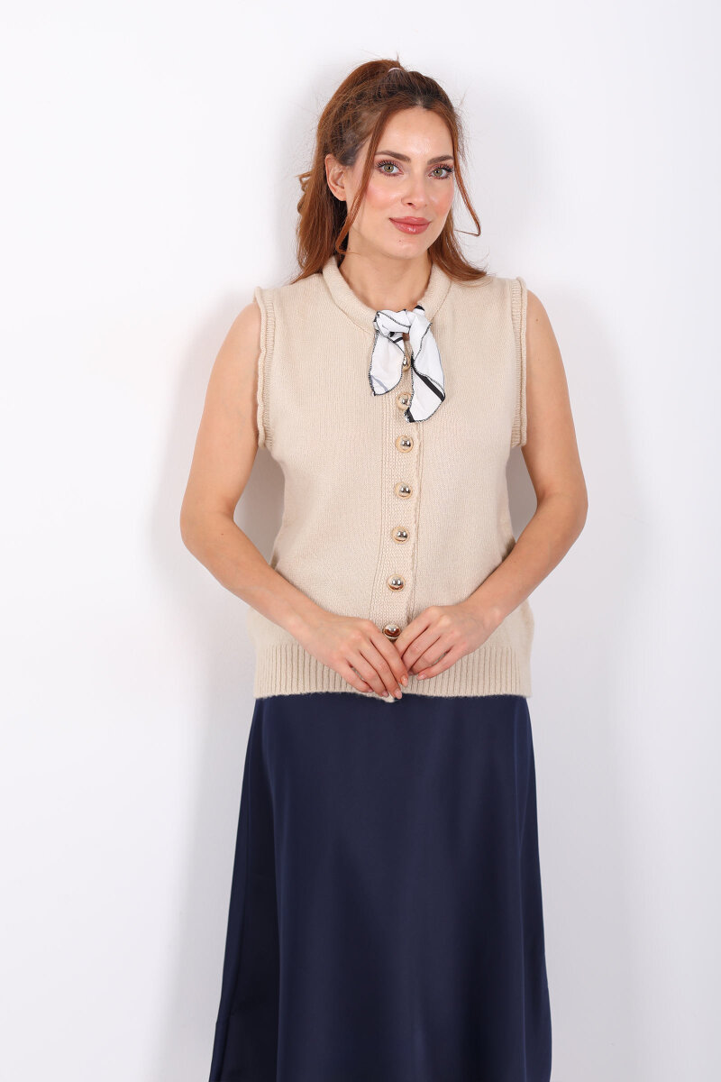 Fularlı Düğmeli Krem Kadın Triko Yelek - 7