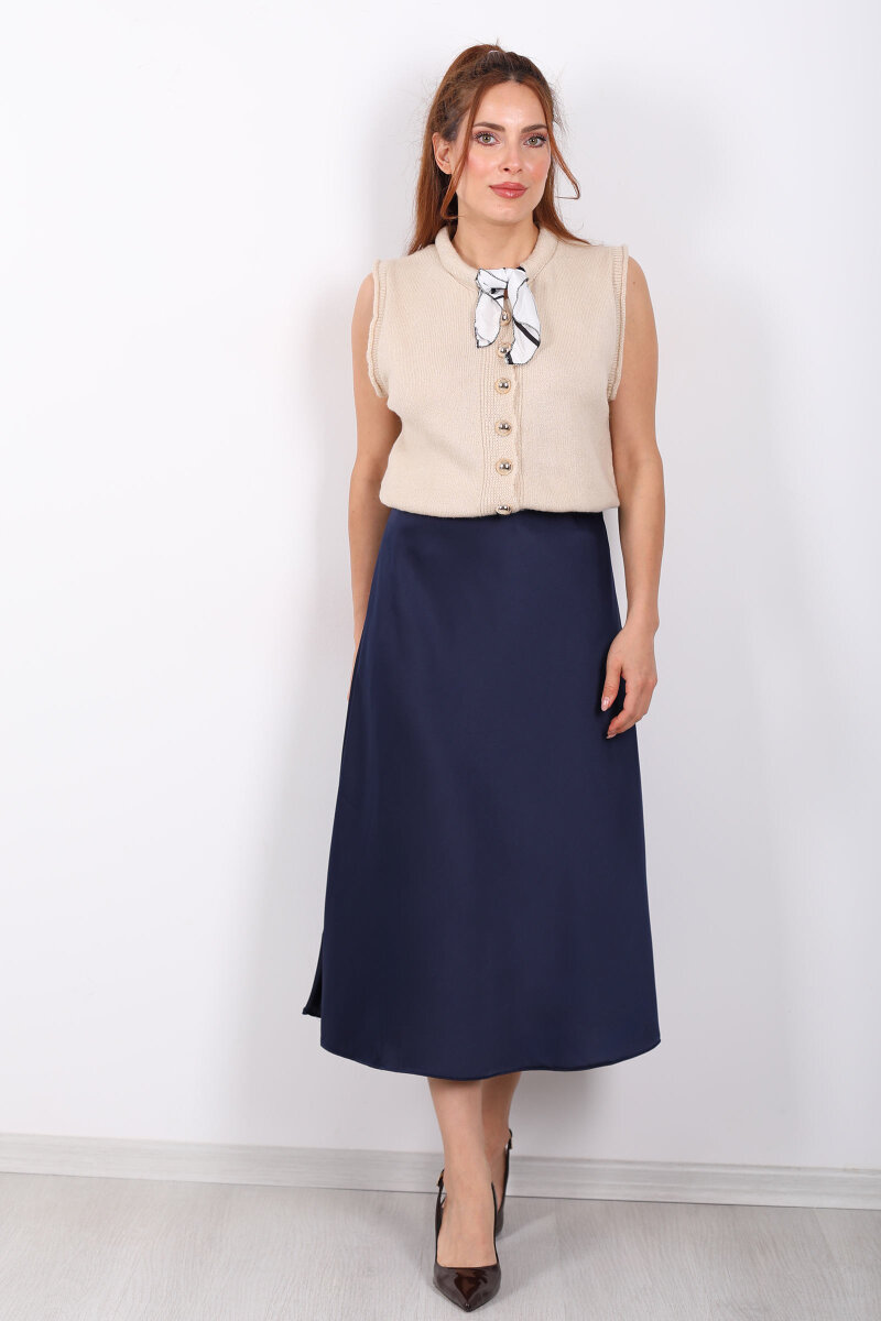 Fularlı Düğmeli Krem Kadın Triko Yelek - 4