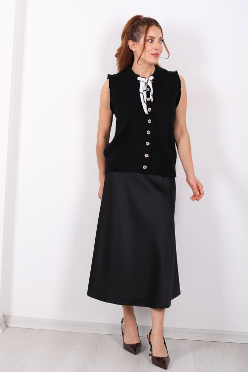 Fularlı Düğmeli Siyah Kadın Triko Yelek - 4