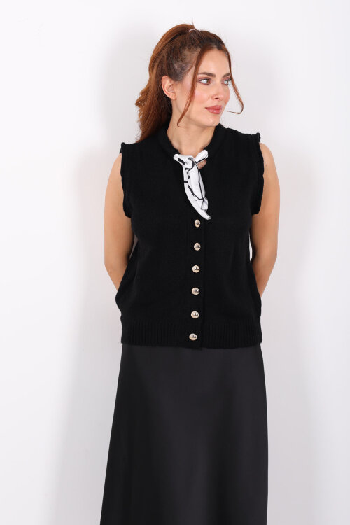 Fularlı Düğmeli Siyah Kadın Triko Yelek - 6