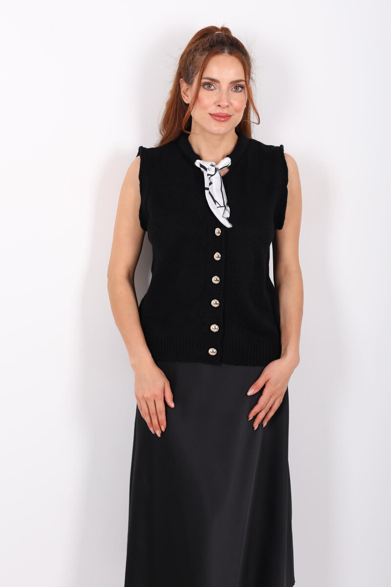 Fularlı Düğmeli Siyah Kadın Triko Yelek - 1