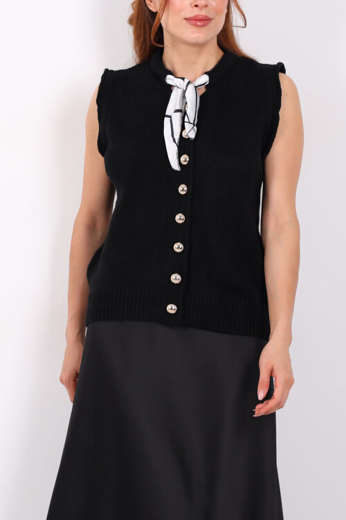 Fularlı Düğmeli Siyah Kadın Triko Yelek - Berox (1)