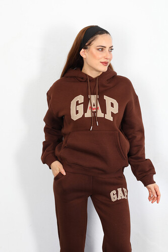 GAP Nakışlı Kapüşonlu Acı Kahve Kadın Üç İplik Sweat Takım - 4