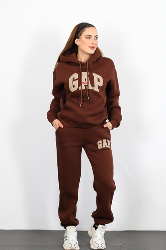 GAP Nakışlı Kapüşonlu Acı Kahve Kadın Üç İplik Sweat Takım - Berox (1)