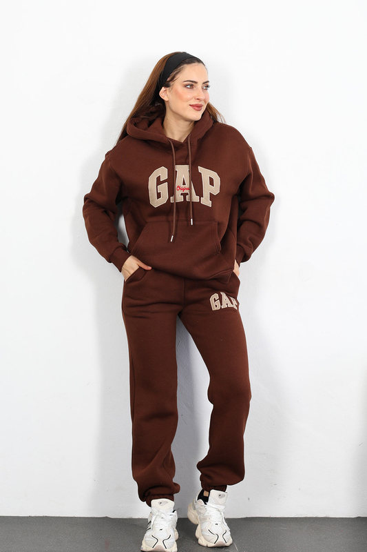 GAP Nakışlı Kapüşonlu Acı Kahve Kadın Üç İplik Sweat Takım - 1