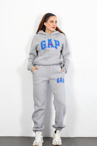 GAP Nakışlı Kapüşonlu Gri Kadın Üç İplik Sweat Takım - Berox