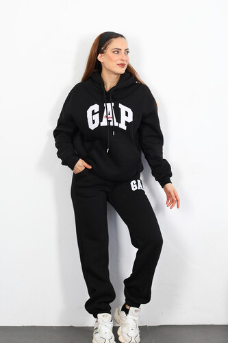GAP Nakışlı Kapüşonlu Siyah Kadın Üç İplik Sweat Takım - 3