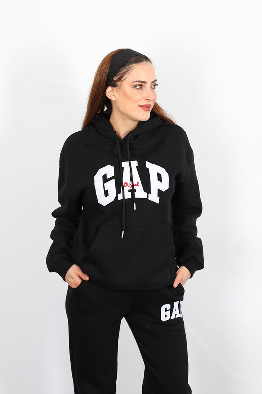 GAP Nakışlı Kapüşonlu Siyah Kadın Üç İplik Sweat Takım - 2