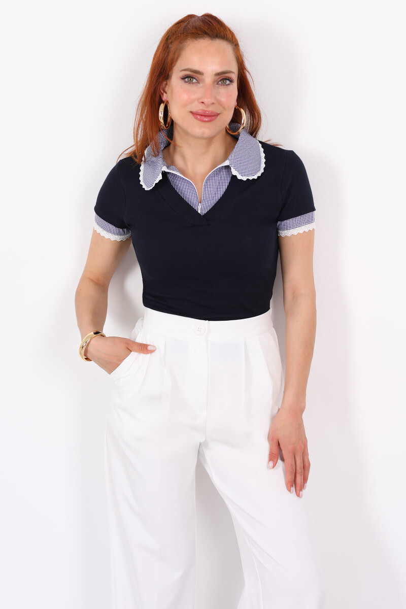 Garnili Bebe Yaka Kolları Güpür Kaşkorse Lacivert Kadın Bluz - 1